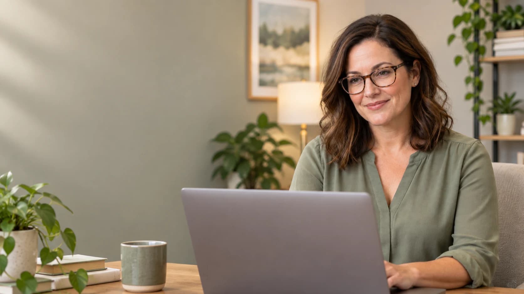 AI-generated fictional provider Jordan Ellis at a laptop